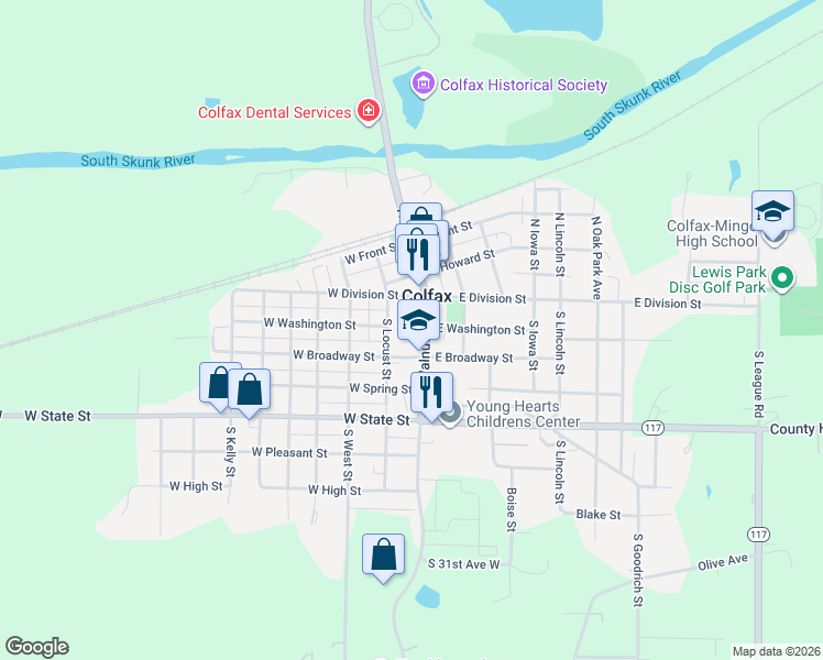 map of restaurants, bars, coffee shops, grocery stores, and more near 20 West Broadway Street in Colfax
