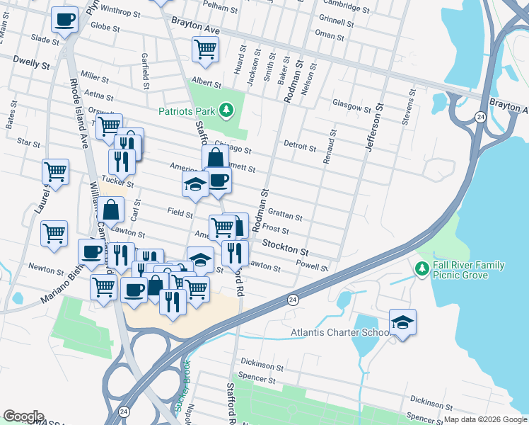 map of restaurants, bars, coffee shops, grocery stores, and more near 1977 Rodman Street in Fall River