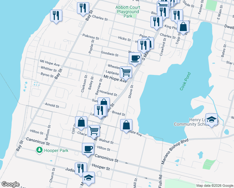 map of restaurants, bars, coffee shops, grocery stores, and more near 2447 South Main Street in Fall River