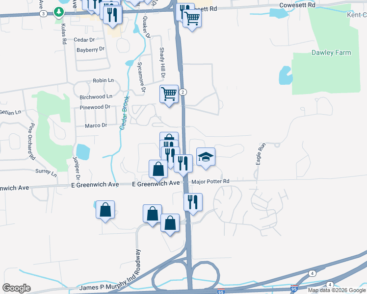 map of restaurants, bars, coffee shops, grocery stores, and more near 679 Quaker Lane in West Warwick