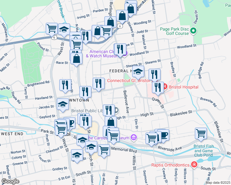 map of restaurants, bars, coffee shops, grocery stores, and more near 390 Main Street in Bristol