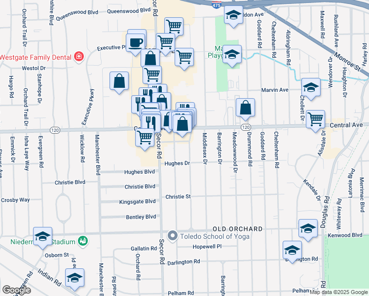 map of restaurants, bars, coffee shops, grocery stores, and more near 2927 Pemberton Drive in Toledo