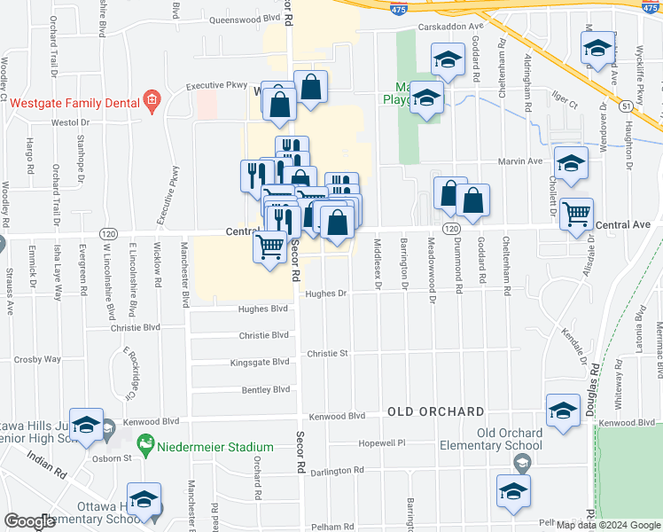 map of restaurants, bars, coffee shops, grocery stores, and more near 2927 Pemberton Drive in Toledo
