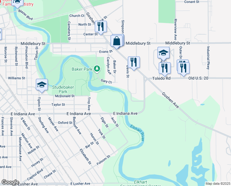 map of restaurants, bars, coffee shops, grocery stores, and more near 1227 Davis Street in Elkhart