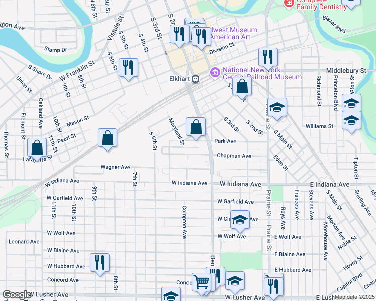 map of restaurants, bars, coffee shops, grocery stores, and more near 501 W Indiana Ave in Elkhart