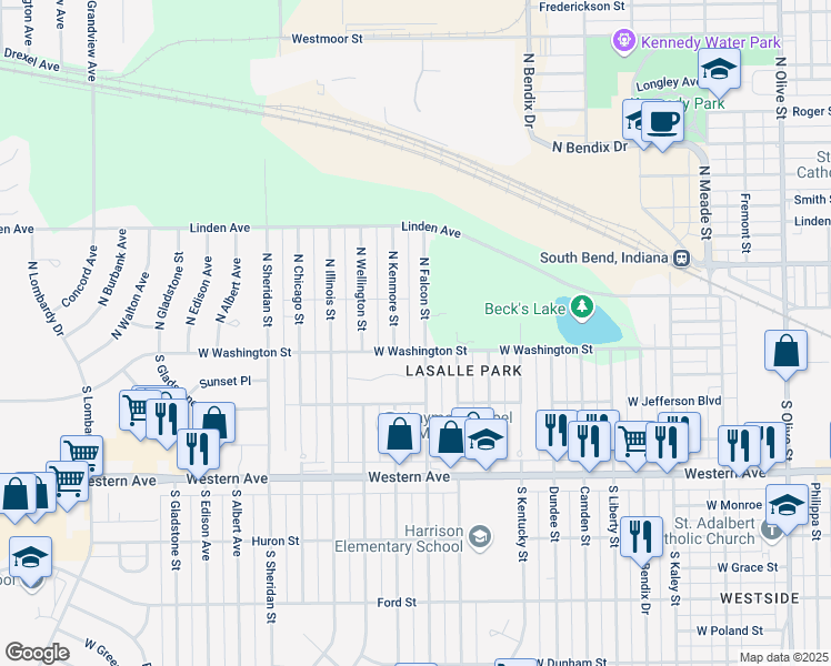 map of restaurants, bars, coffee shops, grocery stores, and more near 18 200 Block Kenmore in South Bend