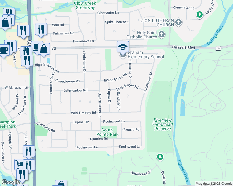 map of restaurants, bars, coffee shops, grocery stores, and more near 5308 Sand Lily Drive in Naperville