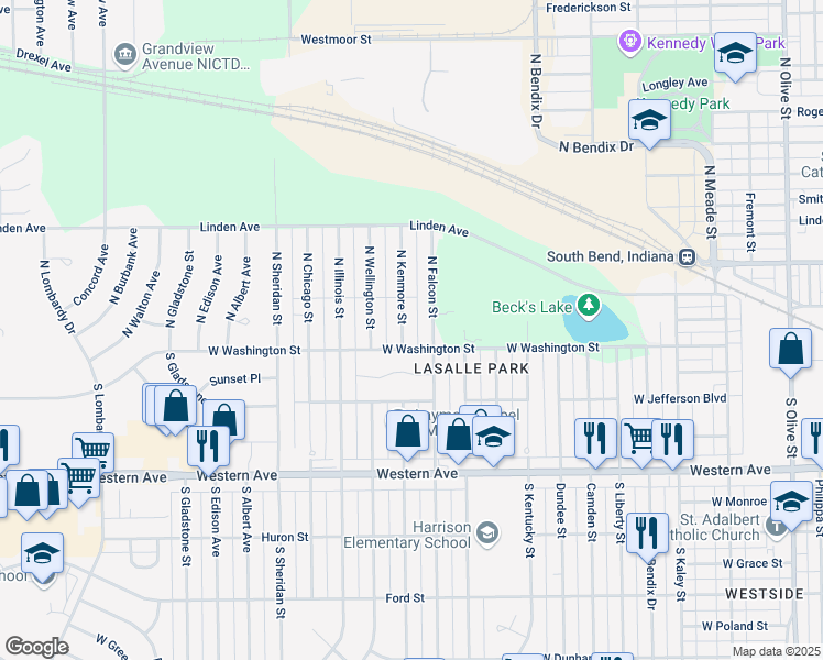 map of restaurants, bars, coffee shops, grocery stores, and more near 18 200 Block Kenmore in South Bend