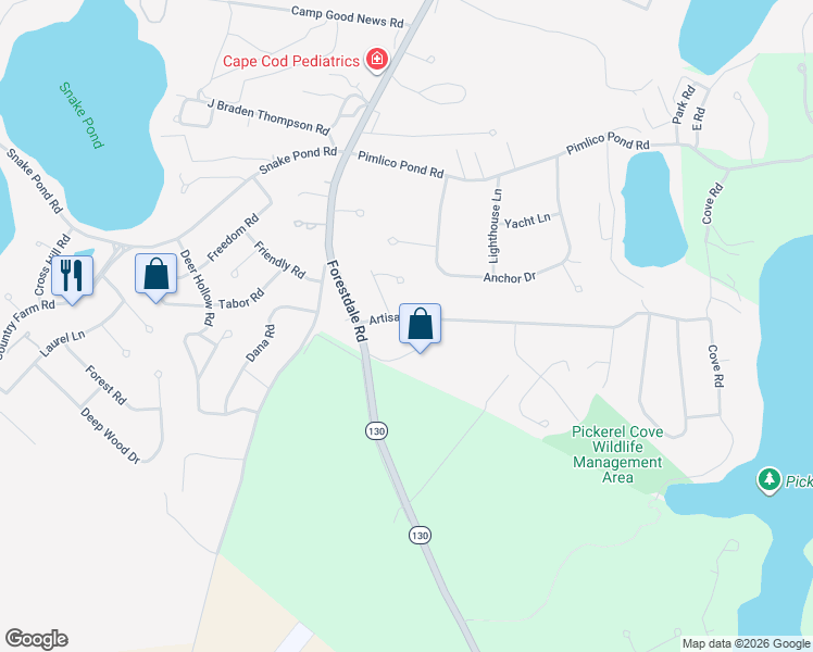 map of restaurants, bars, coffee shops, grocery stores, and more near 6 Artisan Way in Sandwich