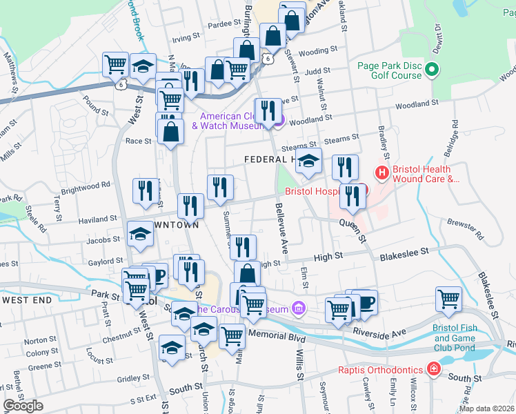 map of restaurants, bars, coffee shops, grocery stores, and more near 390 Main Street in Bristol