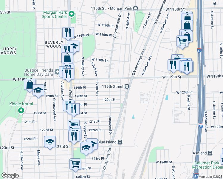 map of restaurants, bars, coffee shops, grocery stores, and more near 11935 Longwood Drive in Blue Island