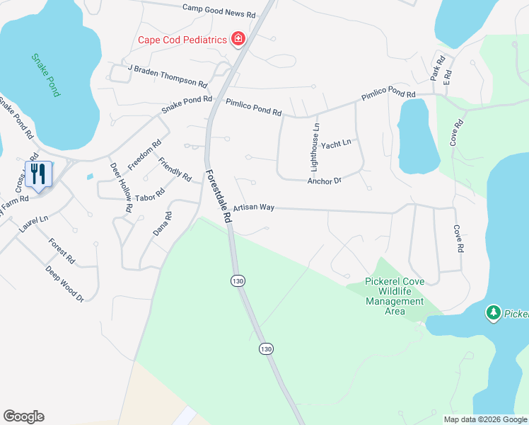 map of restaurants, bars, coffee shops, grocery stores, and more near 6 Artisan Way in Sandwich