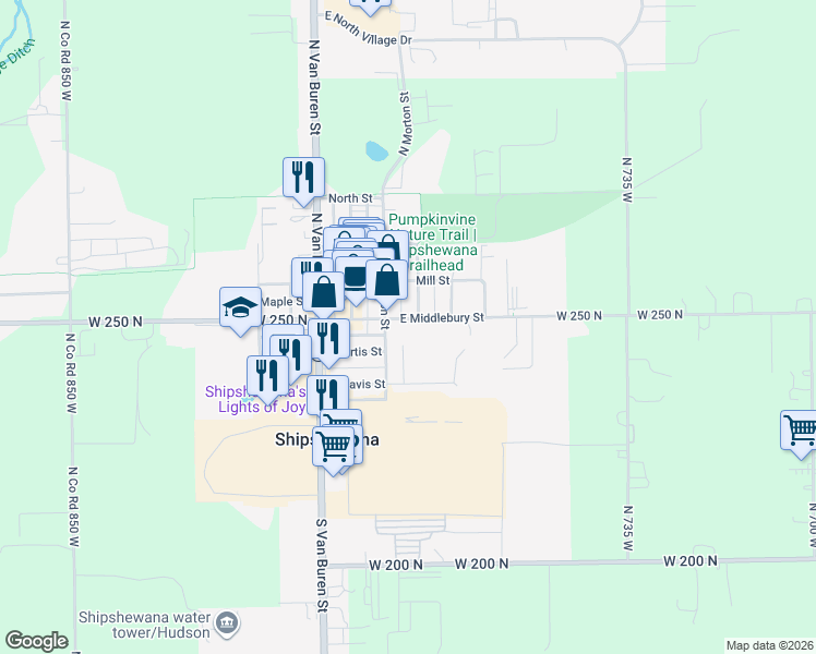 map of restaurants, bars, coffee shops, grocery stores, and more near 325 East Middlebury Street in Shipshewana