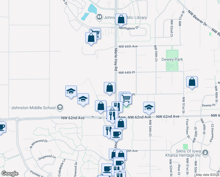 map of restaurants, bars, coffee shops, grocery stores, and more near 6320 Merle Hay Road in Johnston