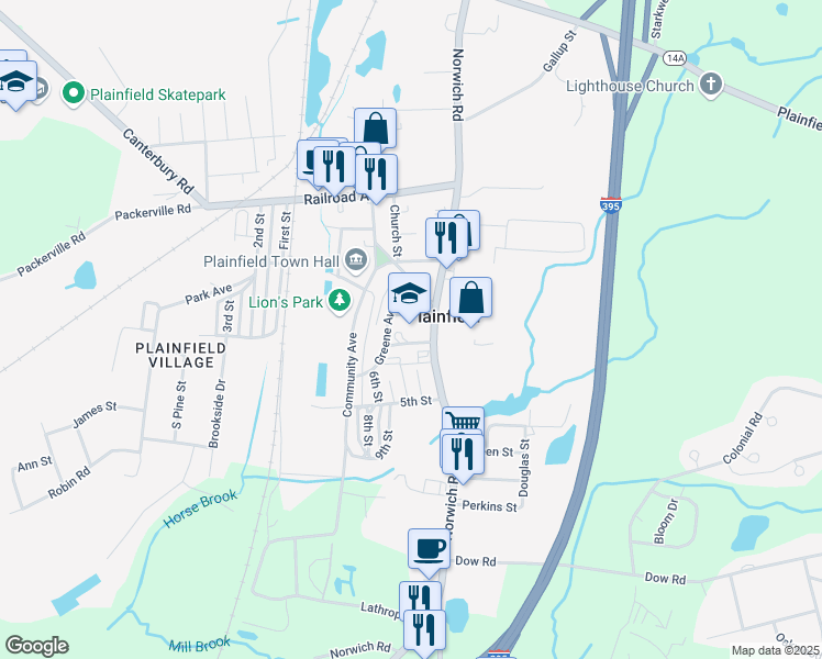 map of restaurants, bars, coffee shops, grocery stores, and more near 651 Norwich Road in Plainfield