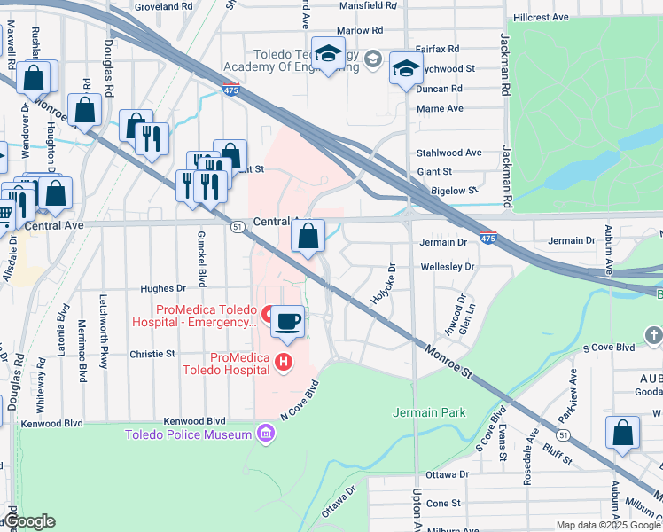 map of restaurants, bars, coffee shops, grocery stores, and more near 2901 Jermain Drive in Toledo