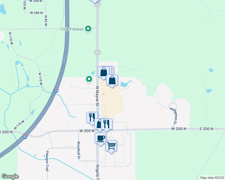 map of restaurants, bars, coffee shops, grocery stores, and more near 3300 North Wayne Street in Angola