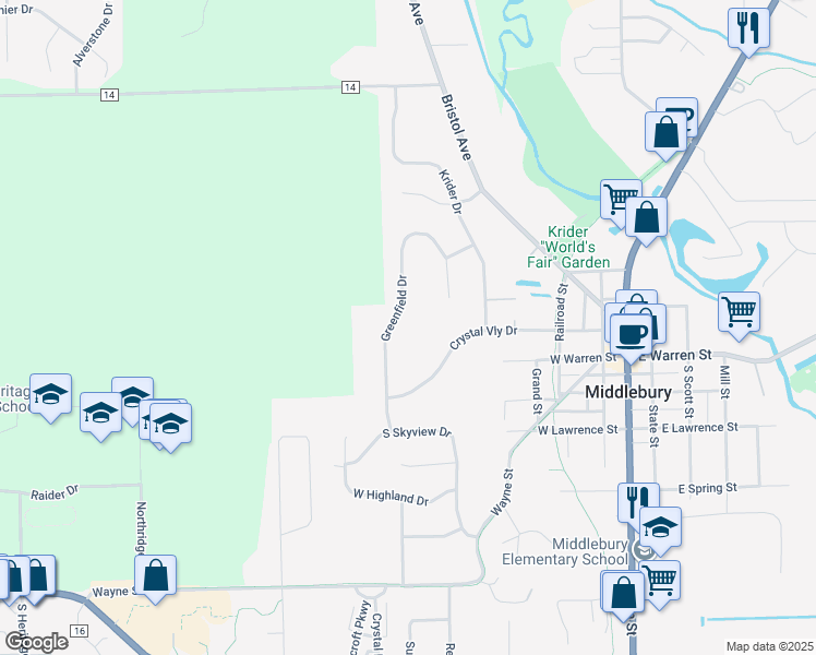 map of restaurants, bars, coffee shops, grocery stores, and more near 200 Greenfield Drive in Middlebury