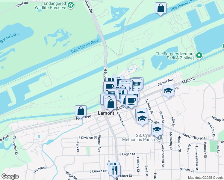 map of restaurants, bars, coffee shops, grocery stores, and more near 326 River Street in Lemont