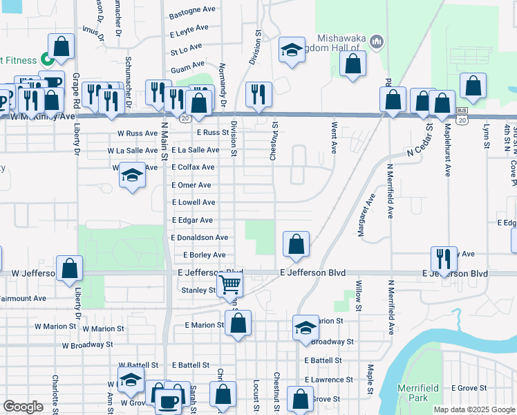map of restaurants, bars, coffee shops, grocery stores, and more near 521 East Lowell Avenue in Mishawaka