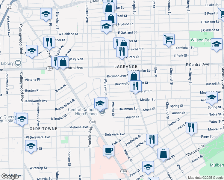 map of restaurants, bars, coffee shops, grocery stores, and more near 119 Everett Street in Toledo