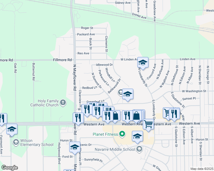 map of restaurants, bars, coffee shops, grocery stores, and more near 123 Parkwood Ln in South Bend