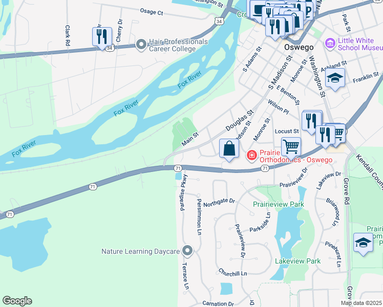 map of restaurants, bars, coffee shops, grocery stores, and more near 520 Douglas Street in Oswego