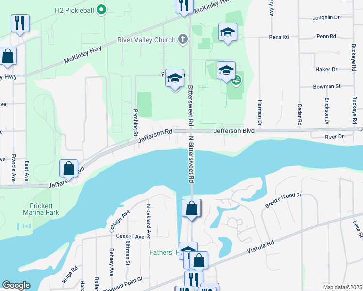 map of restaurants, bars, coffee shops, grocery stores, and more near 12562 Jefferson Boulevard in Mishawaka