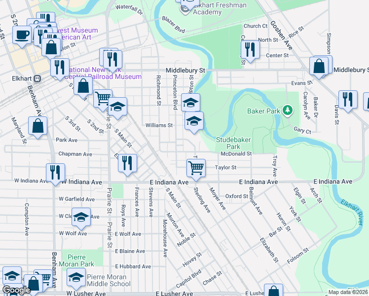 map of restaurants, bars, coffee shops, grocery stores, and more near 712 McDonald Street in Elkhart