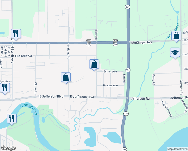 map of restaurants, bars, coffee shops, grocery stores, and more near 1805 Elder Road in Mishawaka