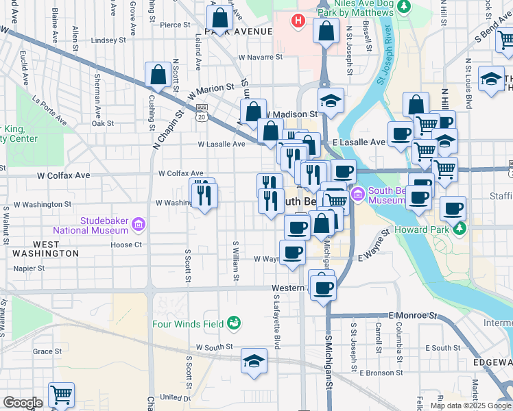 map of restaurants, bars, coffee shops, grocery stores, and more near 322 West Washington Street in South Bend