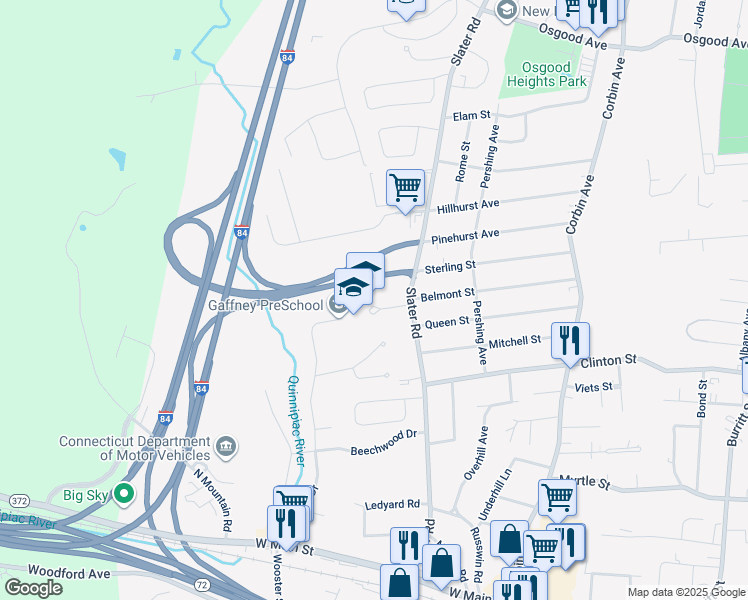 map of restaurants, bars, coffee shops, grocery stores, and more near 322 Slater Road in New Britain