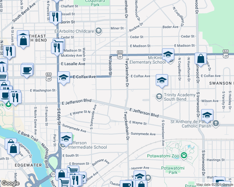 map of restaurants, bars, coffee shops, grocery stores, and more near 124 South Jacob Street in South Bend