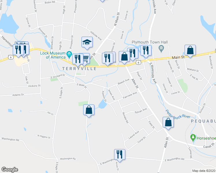 map of restaurants, bars, coffee shops, grocery stores, and more near 42 Beach Avenue in Plymouth