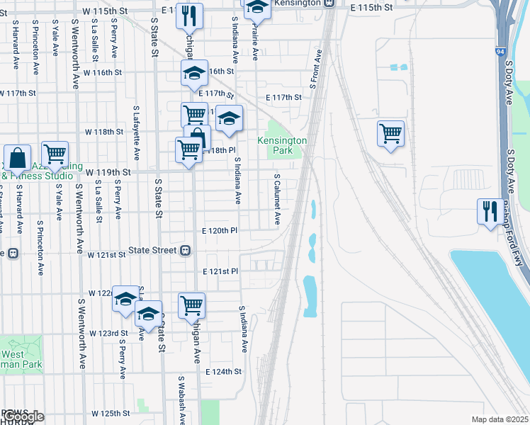 map of restaurants, bars, coffee shops, grocery stores, and more near 12001 South Prairie Avenue in Chicago