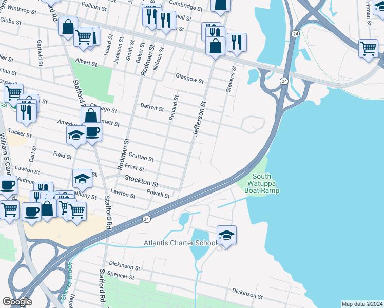 map of restaurants, bars, coffee shops, grocery stores, and more near 732 Jefferson Street in Fall River