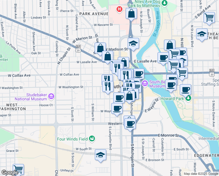 map of restaurants, bars, coffee shops, grocery stores, and more near 112 South Lafayette Boulevard in South Bend