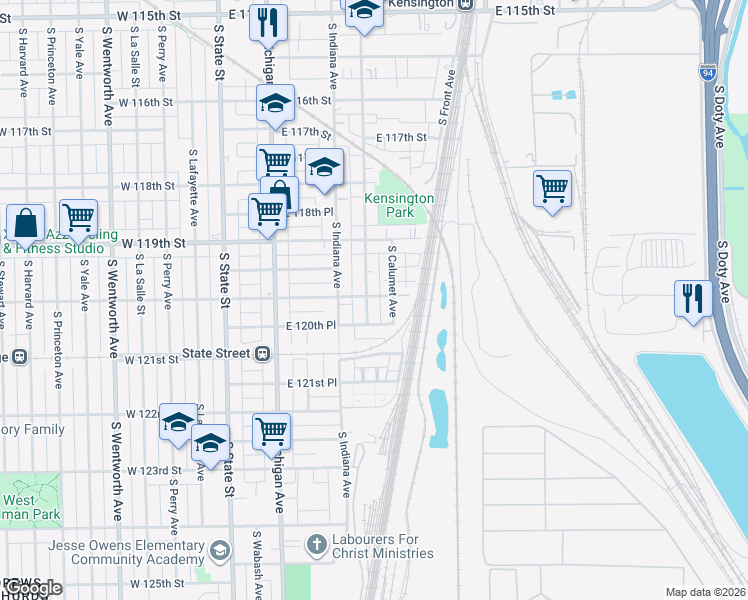 map of restaurants, bars, coffee shops, grocery stores, and more near 12001 South Prairie Avenue in Chicago
