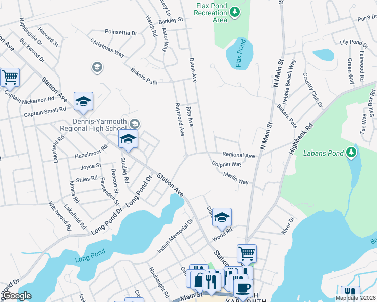 map of restaurants, bars, coffee shops, grocery stores, and more near 4 Raymond Avenue in Yarmouth