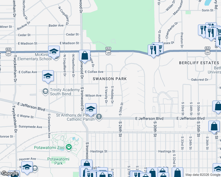 map of restaurants, bars, coffee shops, grocery stores, and more near 124 South Varsity Drive in South Bend