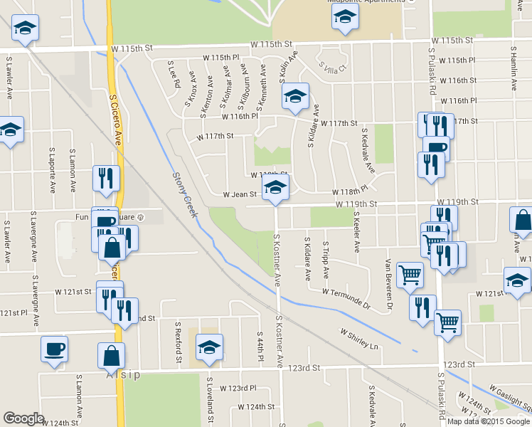 map of restaurants, bars, coffee shops, grocery stores, and more near 11910 South Kostner Avenue in Alsip