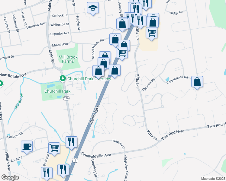 map of restaurants, bars, coffee shops, grocery stores, and more near 2780 Berlin Turnpike in Newington