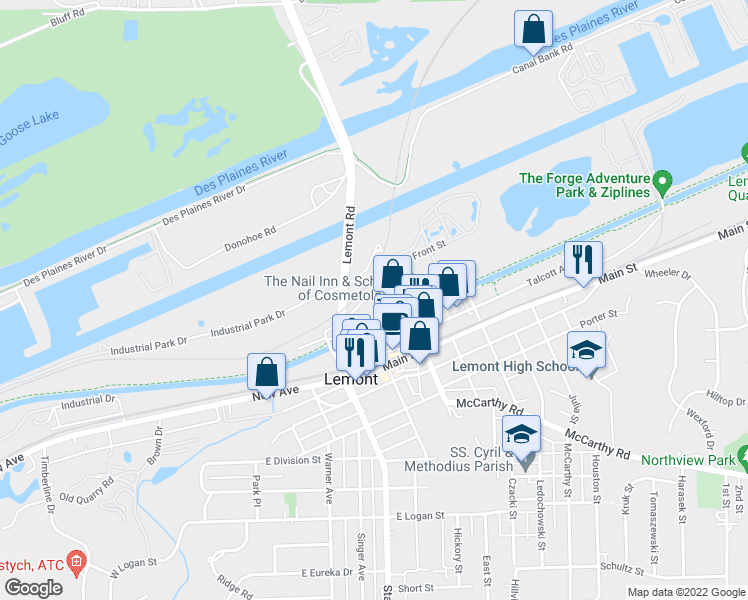 map of restaurants, bars, coffee shops, grocery stores, and more near 345 Front Street in Lemont