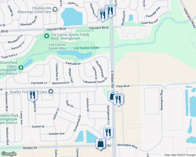 map of restaurants, bars, coffee shops, grocery stores, and more near 625 Lakewood Farms Drive in Bolingbrook