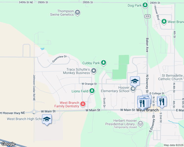 map of restaurants, bars, coffee shops, grocery stores, and more near 1233 Gilbert Drive in West Branch