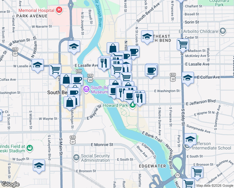 map of restaurants, bars, coffee shops, grocery stores, and more near 106 South Niles Avenue in South Bend