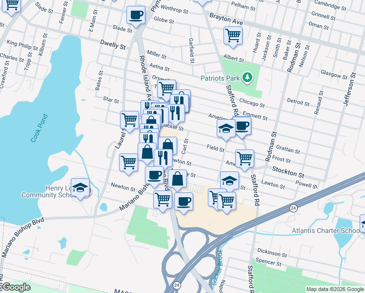 map of restaurants, bars, coffee shops, grocery stores, and more near 140 Carl Street in Fall River