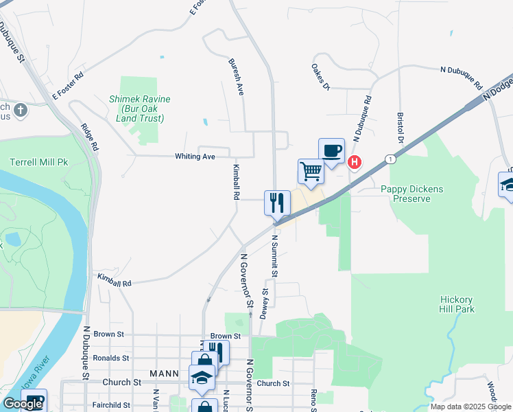map of restaurants, bars, coffee shops, grocery stores, and more near 712 Kimball Avenue in Iowa City