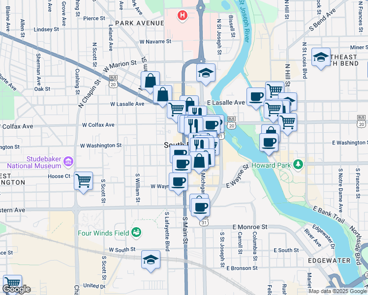 map of restaurants, bars, coffee shops, grocery stores, and more near in South Bend