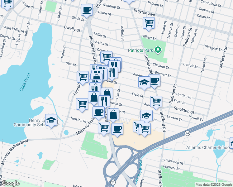 map of restaurants, bars, coffee shops, grocery stores, and more near 140 Carl Street in Fall River